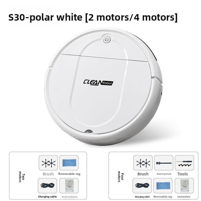 Robot vacuum cleaner in glossy polar white ABS, with a rounded body, top power button and removable mop pad; Clean Intelligent Sweeping.