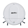 Robot vacuum cleaner in white ABS plastic with a round body, gray trim, side brushes, and a top power button; Clean Intelligent Sweeping
