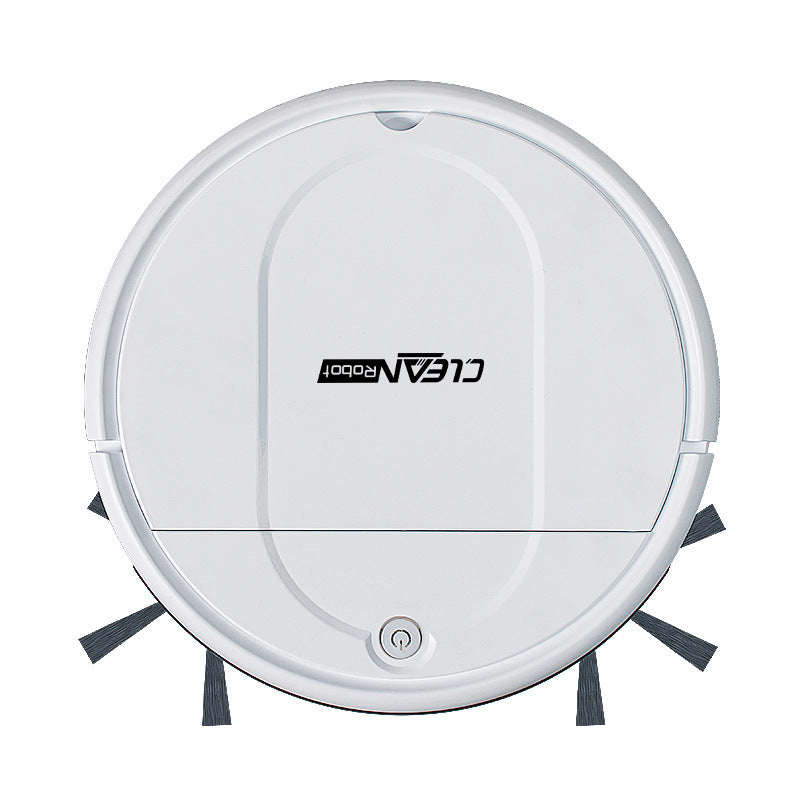 Robot vacuum cleaner in white ABS plastic with a round body, gray trim, side brushes, and a top power button; Clean Intelligent Sweeping