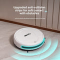Clean Intelligent Sweeping robot vacuum in white ABS with a glowing turquoise anti-collision bumper strip and rounded body