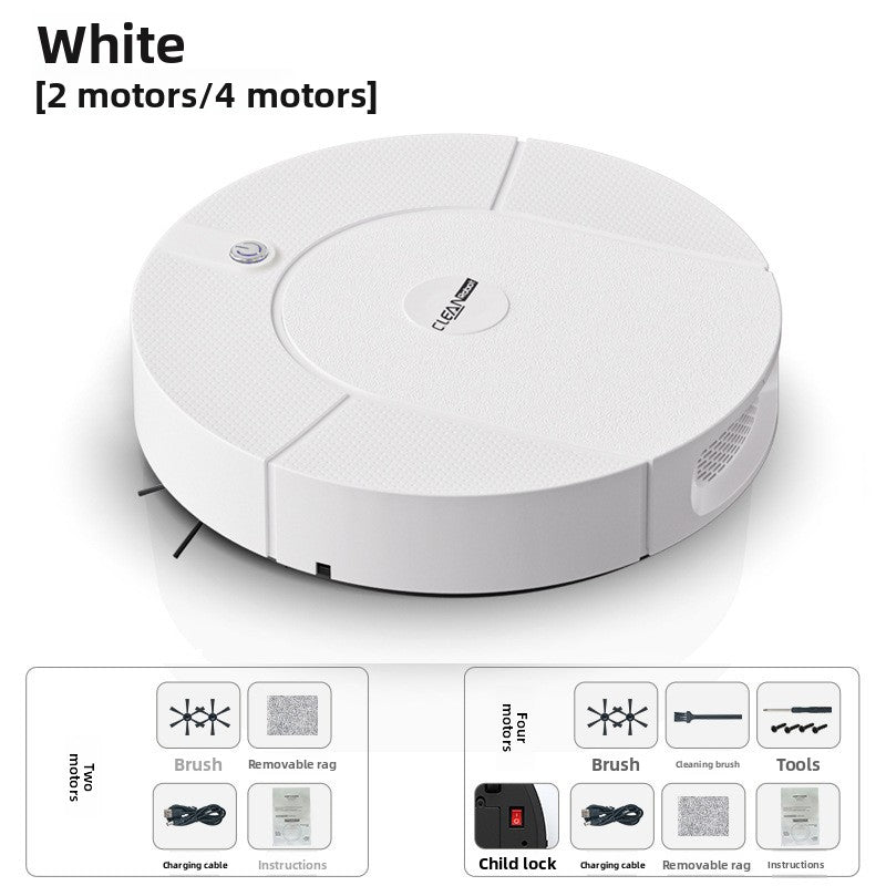 Clean Intelligent Sweeping robot in white ABS plastic with a round low-profile body, removable mop pad and brush