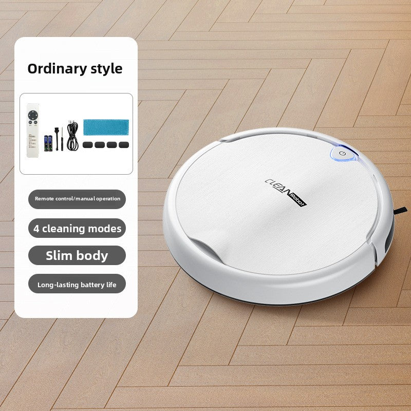 Clean Intelligent Sweeping robot vacuum with a white circular ABS shell, slim body, and blue-accented power button
