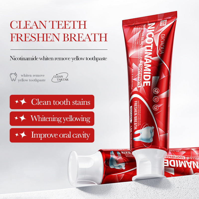 Clean Teeth Toothpaste tubes in glossy blue and red packaging, featuring bold hyaluronic acid lettering and a flip-top cap.