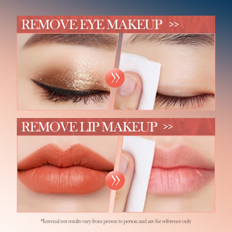 Cleaning face dissolving make-up demonstration with close-up before-and-after comparisons of eye and lip makeup removal using a white pad