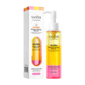 Cleaning face dissolving make-up jojoba remover in a clear bottle with yellow and pink liquid, white pump and matching box