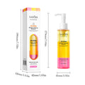 Cleaning face dissolving make-up oil in a clear pump bottle, with bright yellow liquid, pink base and matching rainbow-accented box.