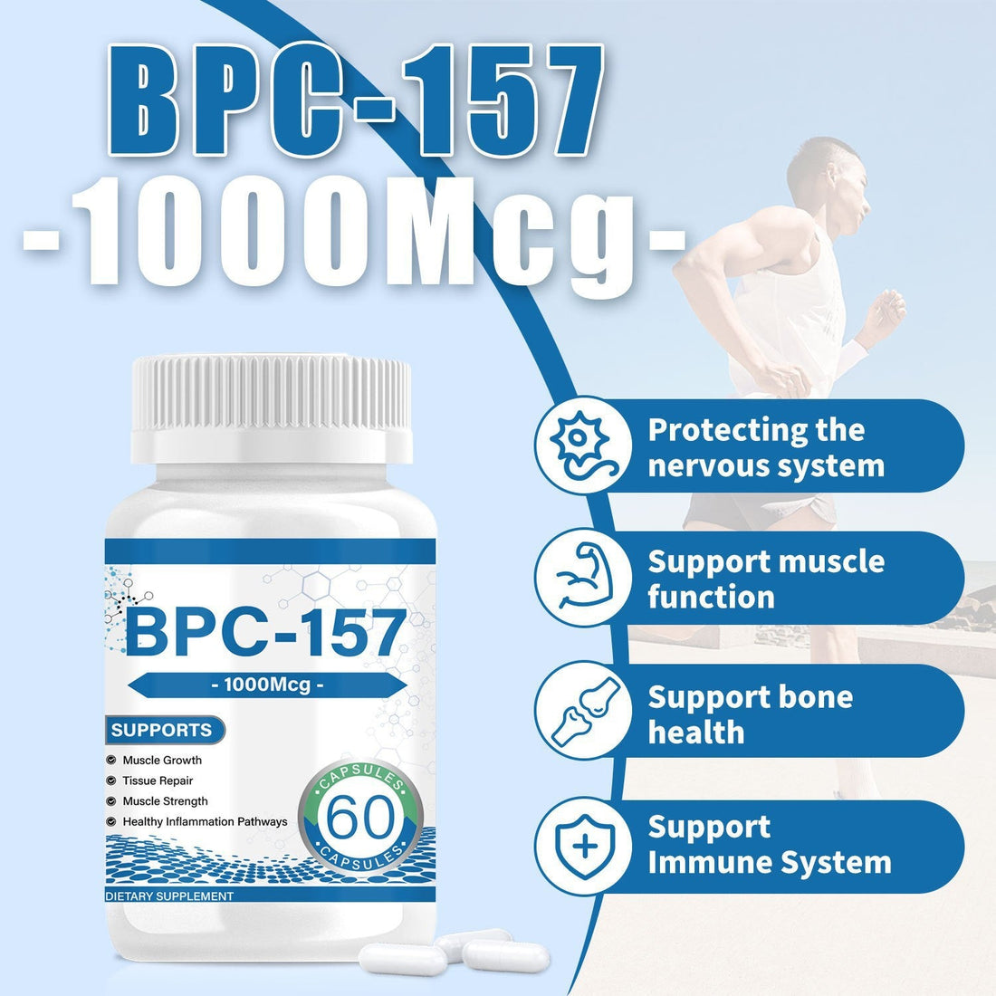 Compound Vitamin BPC-157 Capsules in a white plastic bottle with blue and teal labels, boxed with a 60-capsule badge.