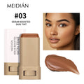 Concealer Foundation Liquid Stick in beige packaging with a warm brown cream stick, shown beside a matching skin tint swatch.