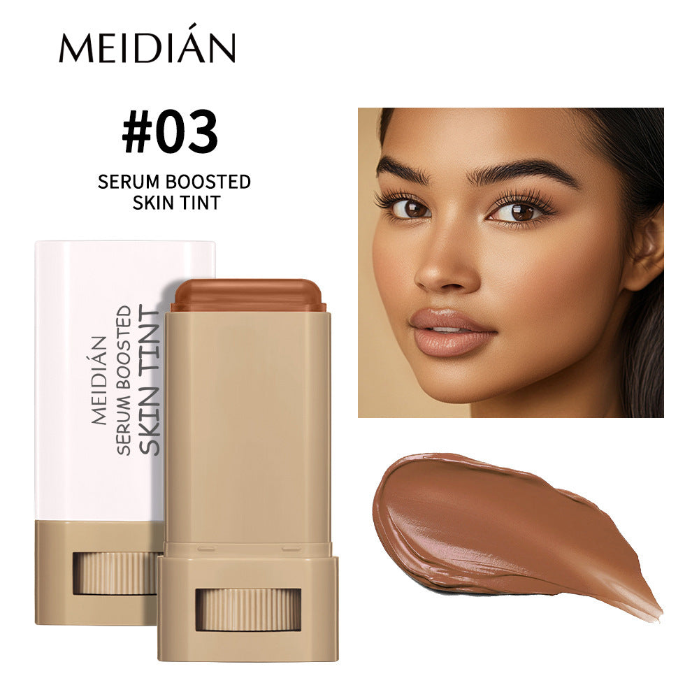 Concealer Foundation Liquid Stick in beige packaging with a warm brown cream stick, shown beside a matching skin tint swatch.
