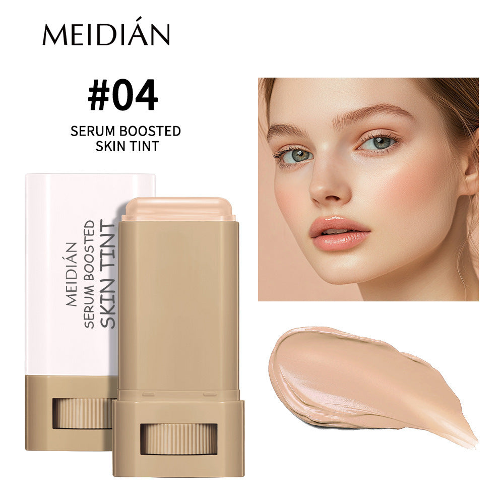 Concealer Foundation Liquid Stick in beige, shown as a rectangular twist-up stick with matching white-and-beige packaging and a creamy swatch.
