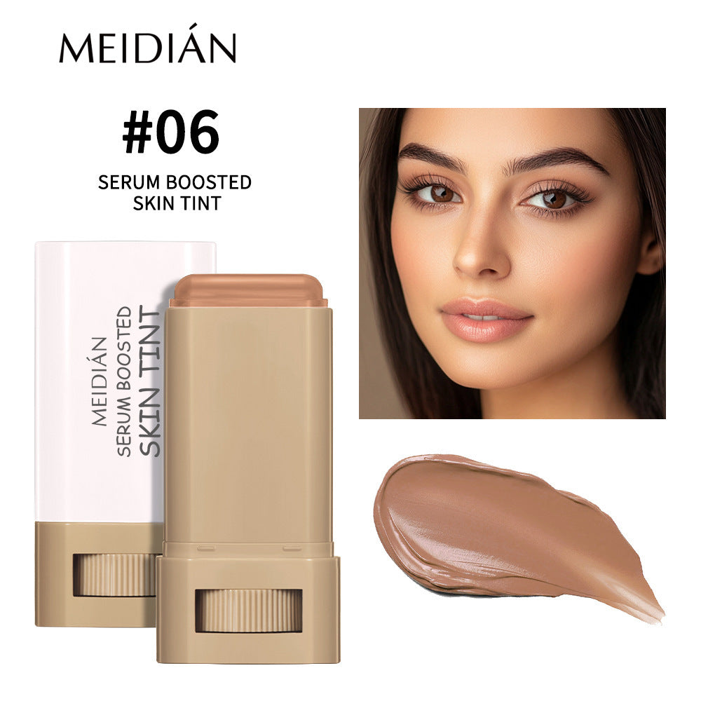 Concealer Foundation Liquid Stick in beige, shown as a rectangular twist-up stick with matching box and a creamy tan swatch.