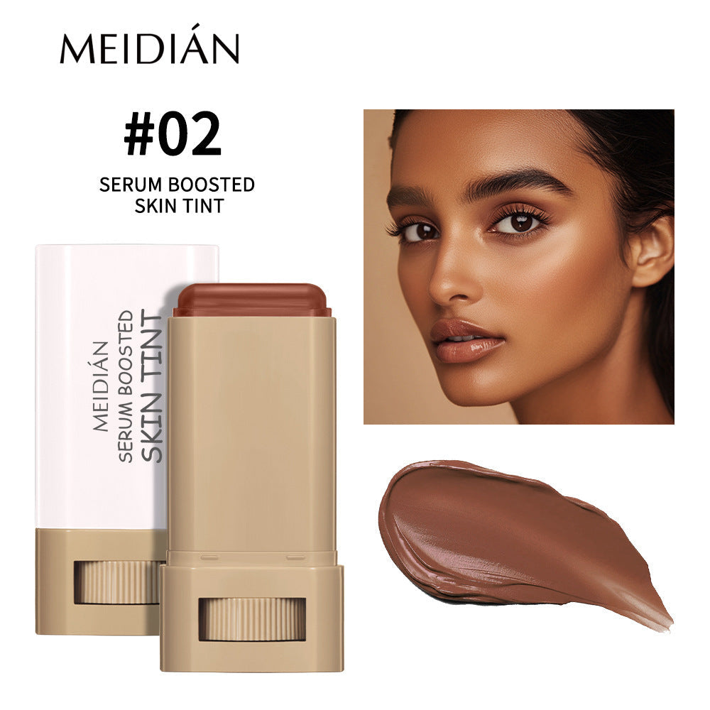 Concealer Foundation Liquid Stick in warm tan beige packaging with a brown cream tint and a matching swatch, shade #02