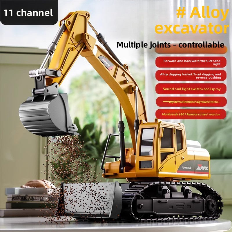 Construction Electric Remote Control excavator toy, yellow and black alloy with jointed boom, bucket and tracked base, paired with dump truck