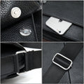 Cowhide Men's Shoulder Bag detail in black textured leather, showing magnetic snap closure, adjustable woven strap and silver buckle