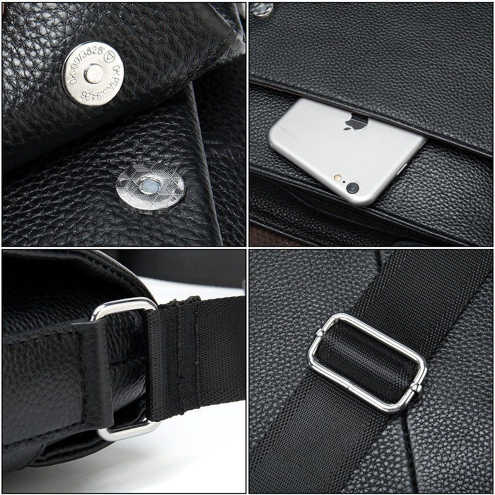 Cowhide Men's Shoulder Bag detail in black textured leather, showing magnetic snap closure, adjustable woven strap and silver buckle