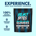 Creatine Infused Gummies in a black pouch with blue accents, labeled Beast Bites sweet blue raspberry and 150 gummies