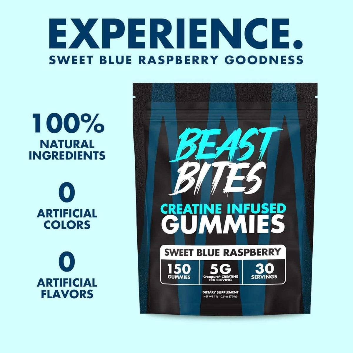 Creatine Infused Gummies in a black pouch with blue accents, labeled Beast Bites sweet blue raspberry and 150 gummies