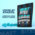 Creatine Infused Gummies in a black and blue striped pouch with blue raspberry flavor and matching teal gummy pieces