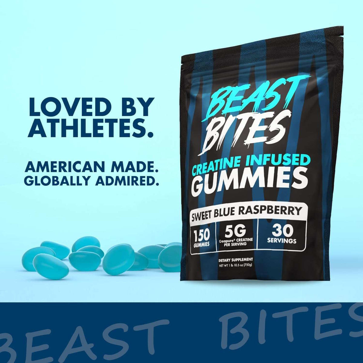 Creatine Infused Gummies in a black and blue striped pouch with blue raspberry flavor and matching teal gummy pieces