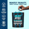 Creatine Infused Gummies in a black pouch, with turquoise blue raspberry gummies and a bold Beast Bites label.