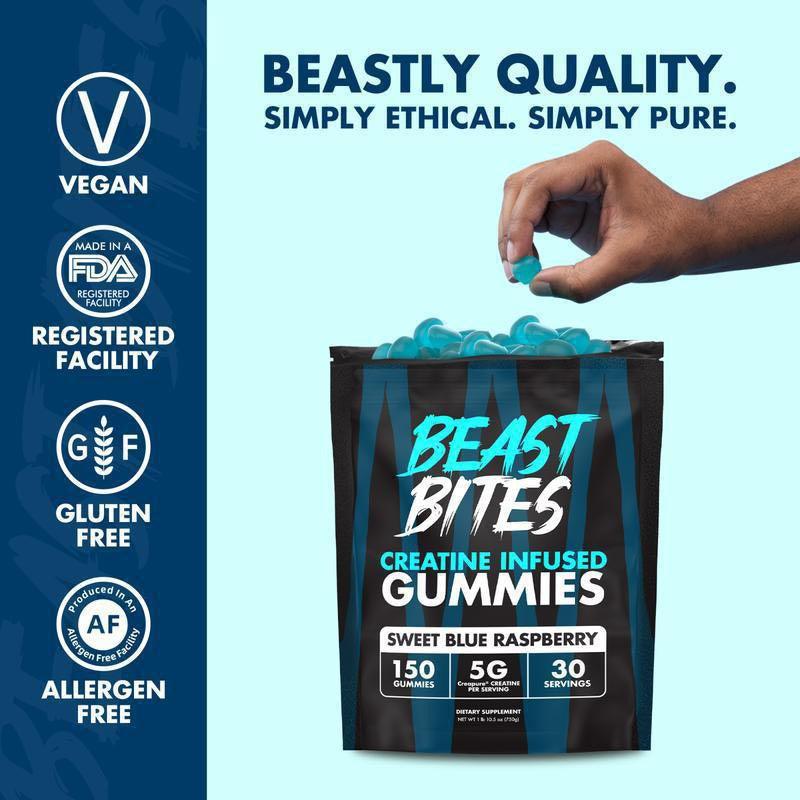 Creatine Infused Gummies in a black pouch, with turquoise blue raspberry gummies and a bold Beast Bites label.