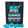 Creatine Infused Gummies in a black pouch with turquoise branding, blue raspberry flavor label and teal oval gummies
