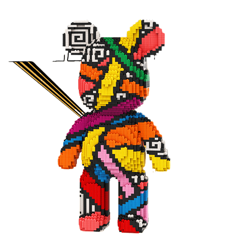 Building block toy rabbit in Creative Design Educational style, made of colorful plastic bricks with bold stripes and geometric patterns.