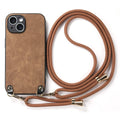 Crossbody Phone Case in brown textured leather with a matching woven cord strap and gold-tone metal clasps