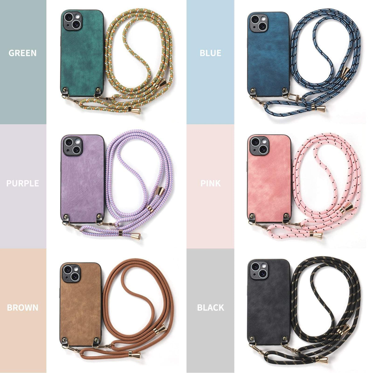 Crossbody Phone Case in textured green leather-like finish, with camera cutouts, gold-tone hardware and patterned multicolour strap.