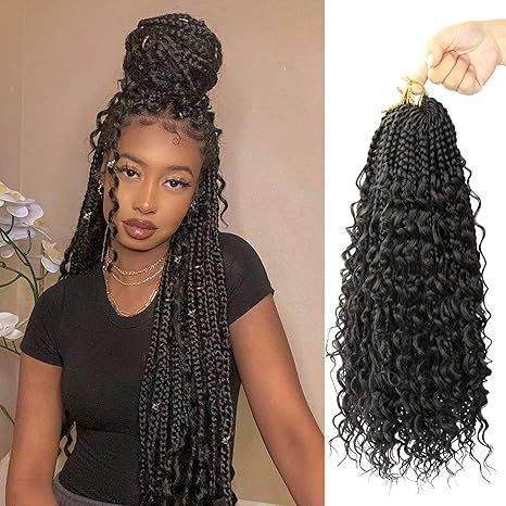 Curly Three-Strand Braids in black synthetic fiber, with tightly woven plaits and long, loose textured curls.