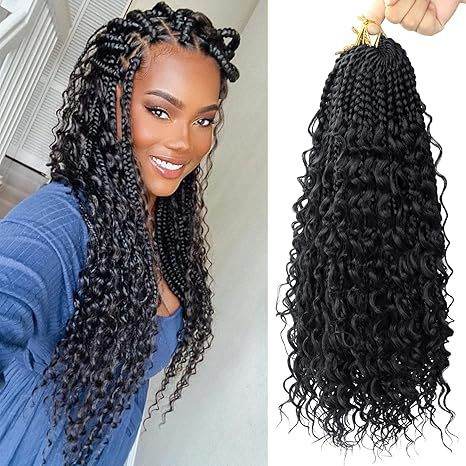 Curly Three-Strand Braids in black synthetic hair, with chunky woven plaits transitioning into long, loose curls.