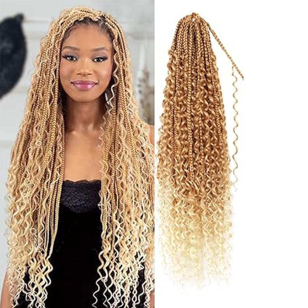 Curly Three-Strand Braids in blonde synthetic fiber, shown as long, narrow braids with loose textured curls and ombré ends