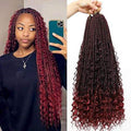 Curly Three-Strand Braids in burgundy and dark roots, with long textured plaits ending in loose, defined curls