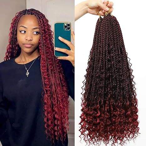 Curly Three-Strand Braids in burgundy and dark roots, with long textured plaits ending in loose, defined curls