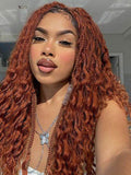 Curly Three-Strand Braids in a long, copper-red style with narrow plaits and loose, textured curls framing the face