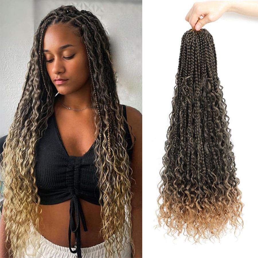 Curly Three-Strand Braids in dark synthetic fiber with loose curls and ombré blonde ends, shown worn and as a hair extension