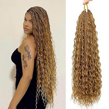 Curly Three-Strand Braids in honey-brown synthetic fiber, featuring slim plaits that flow into long loose curls