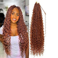 Curly Three-Strand Braids in reddish brown synthetic fiber, with long, tightly curled ends shown worn and as a loose braid bundle.