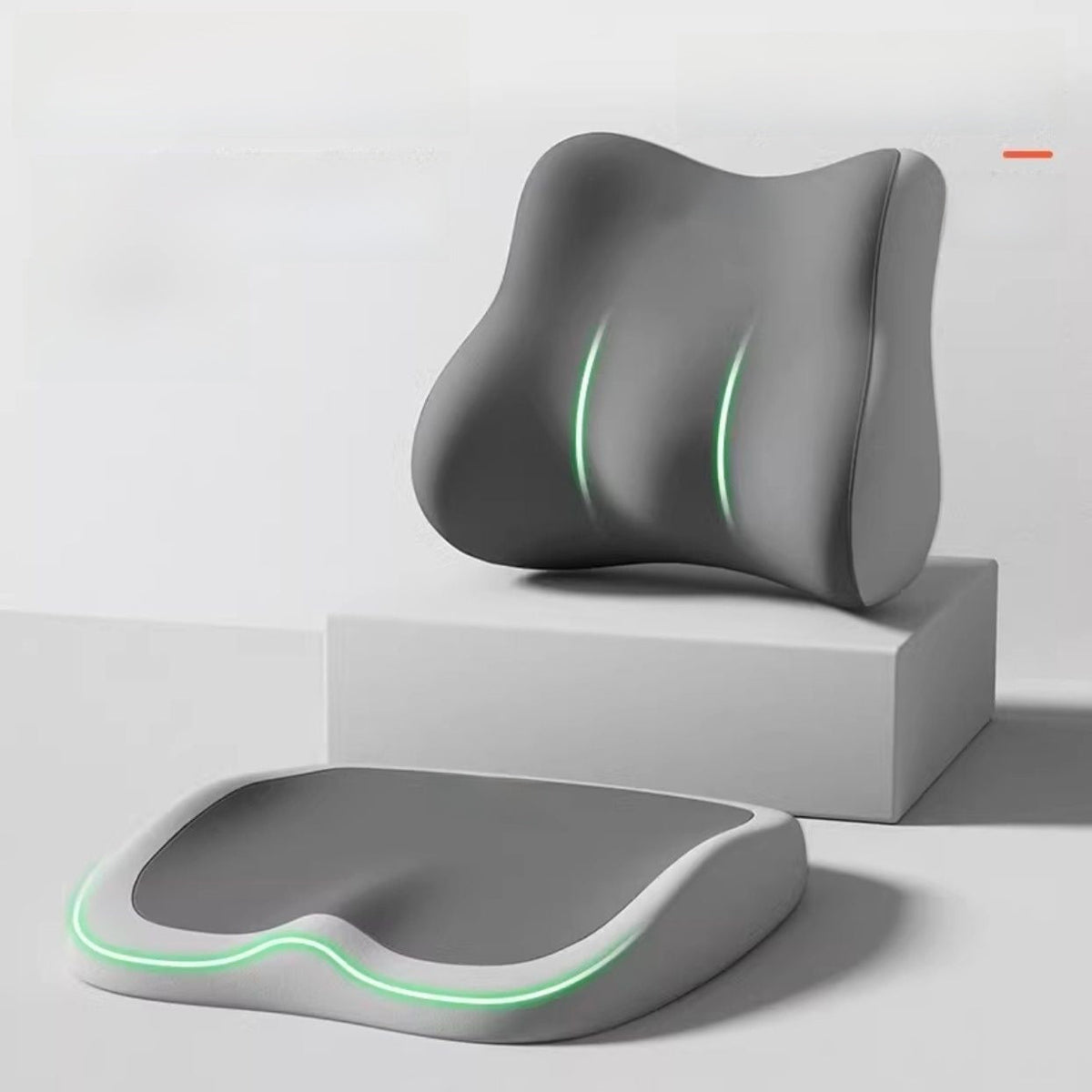 Cushion to prevent buttock pain, gray contoured seat cushion with raised edges and matching lumbar support cushion
