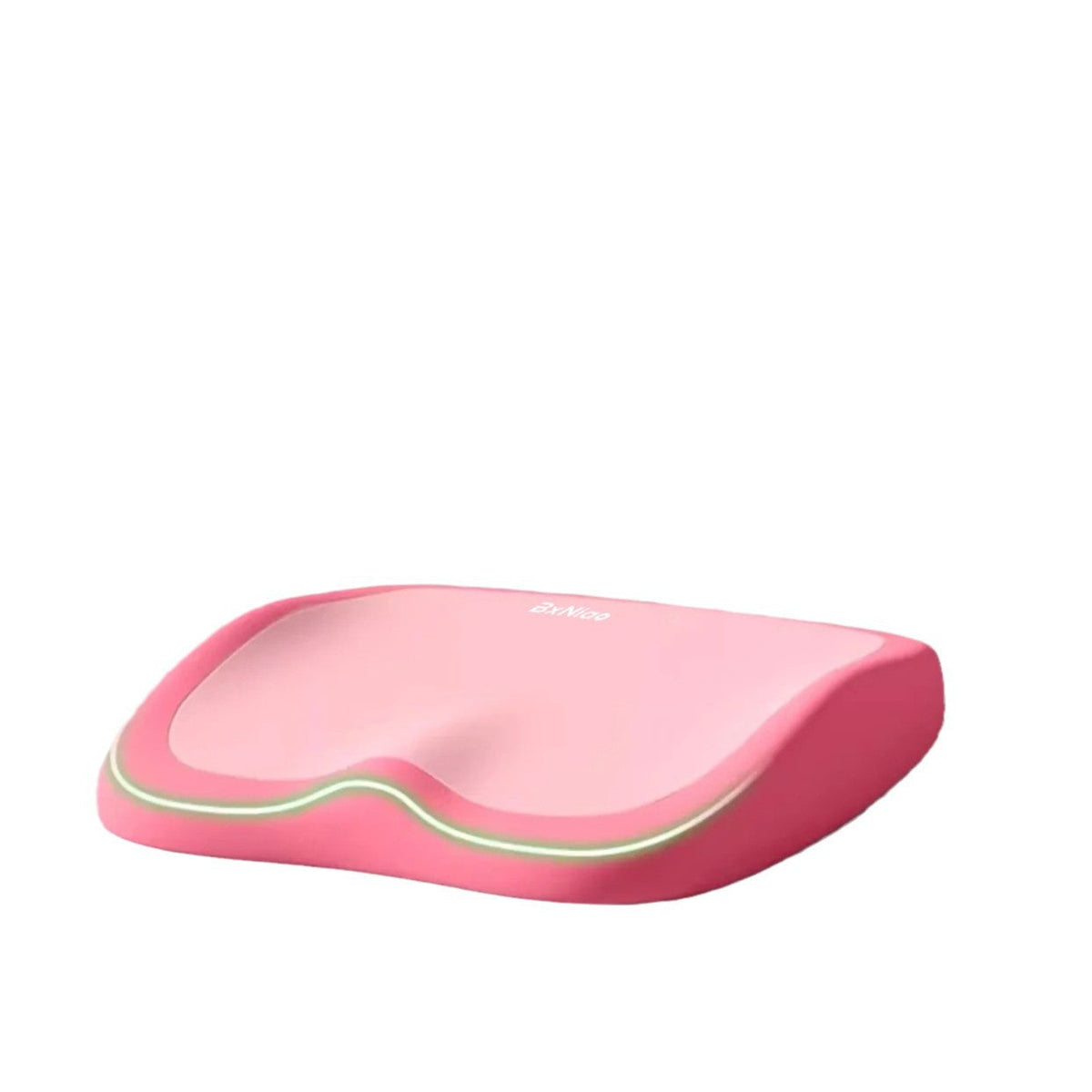 Cushion to prevent buttock pain in pink memory foam with a contoured seat shape and pale green trim