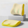 Cushion to prevent buttock pain in pale yellow memory foam with bright yellow edging and a contoured seat and backrest