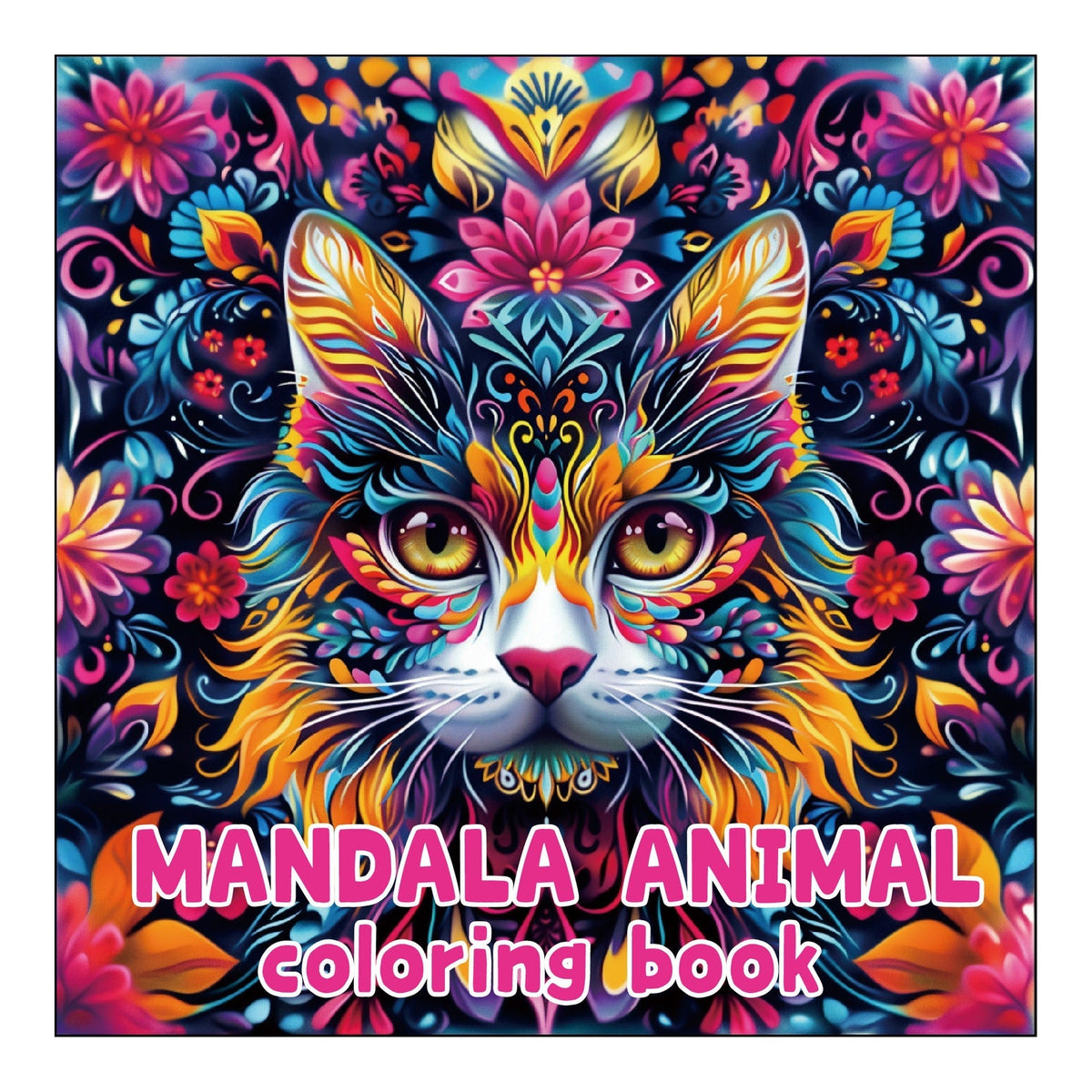 Coloring Books for Adults with a vivid multicolored cat mandala cover, featuring intricate floral patterns and bold lettering.