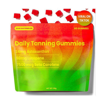 Daily Tanning Gummies in a red, orange, and green gradient pouch with bold yellow lettering and sour watermelon flavor label.