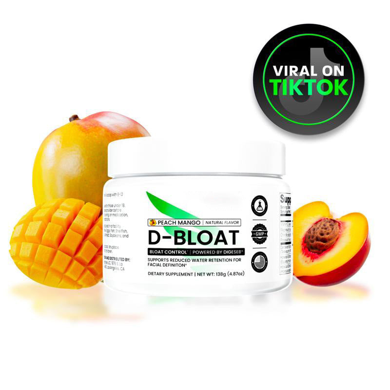 Dandelion Bloating Control powder supplement in a white tub, featuring green and black label text and peach mango flavor.