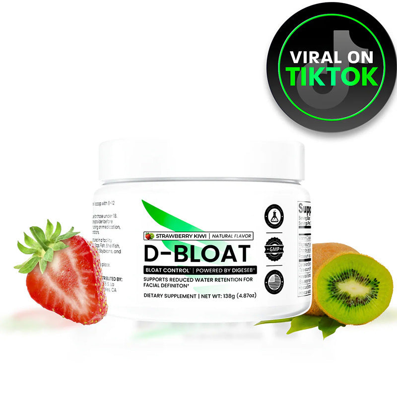 Dandelion Bloating Control powder supplement in a white tub, featuring green and black label text and peach mango flavor.