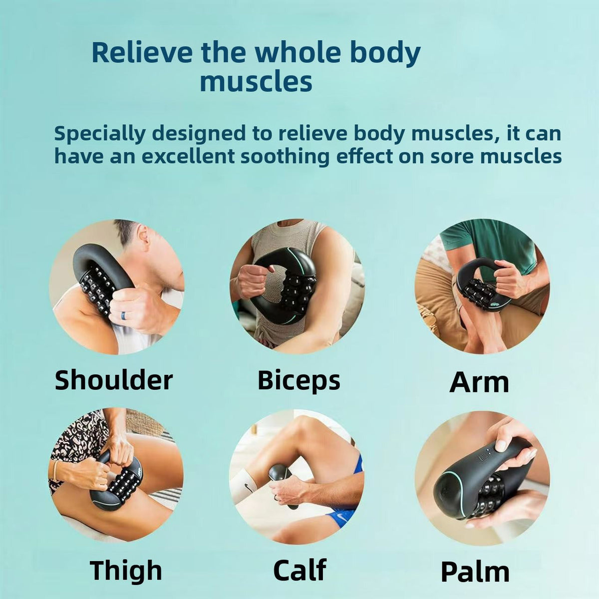 Deep Tissue Massage Roller shown in black with a curved ergonomic body and raised massage nodes, used on shoulders, arms, thighs, calves and palms