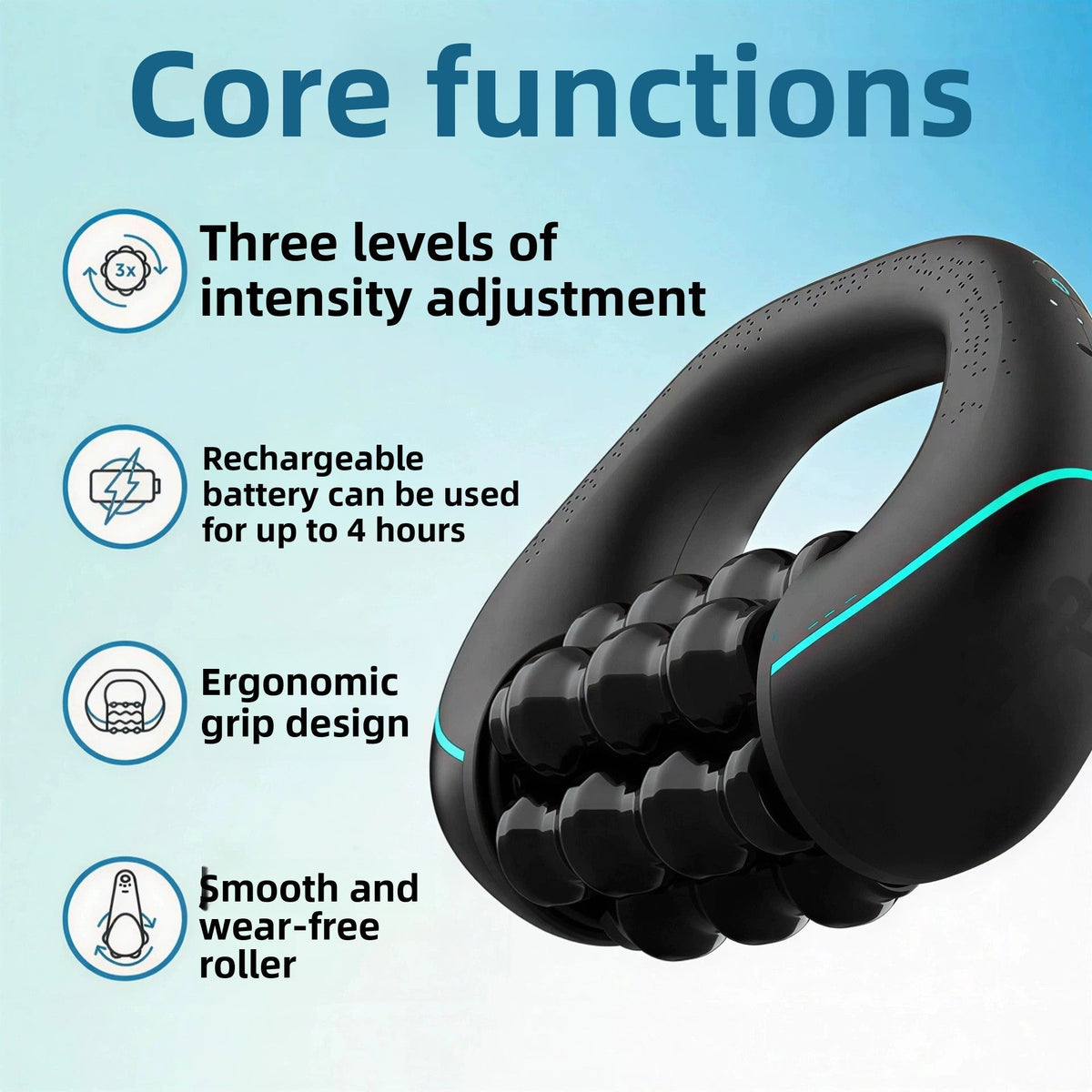 Deep Tissue Massage Roller in black with an ergonomic loop handle, ridged massage rollers, and turquoise accent trim