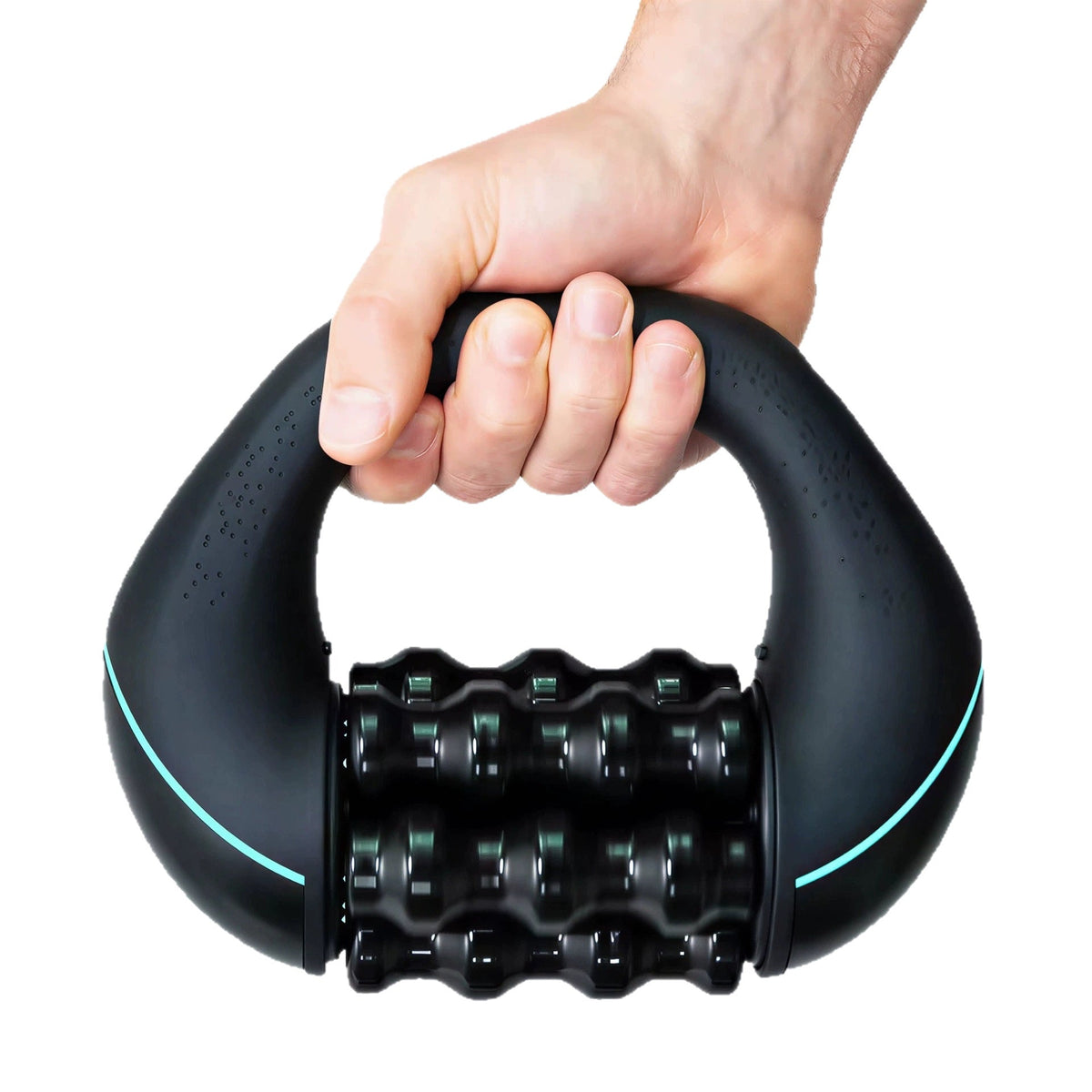 Deep Tissue Massage Roller in black with a textured cylindrical roller, curved ergonomic handle and slim turquoise accents