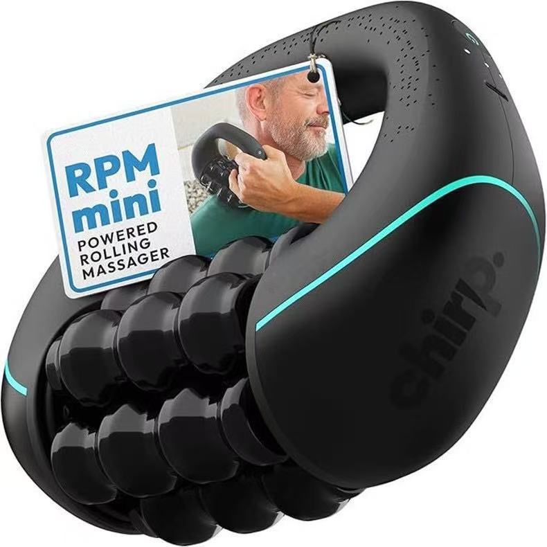 Deep Tissue Massage Roller with a black ergonomic body, turquoise accents, and multiple rounded rollers for muscle relief