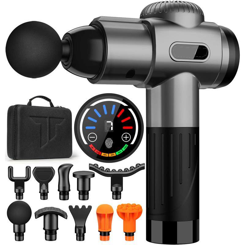 Deep Tissue Percussion Massager in metallic gray and black, with a foam ball head, display dial and attachments.